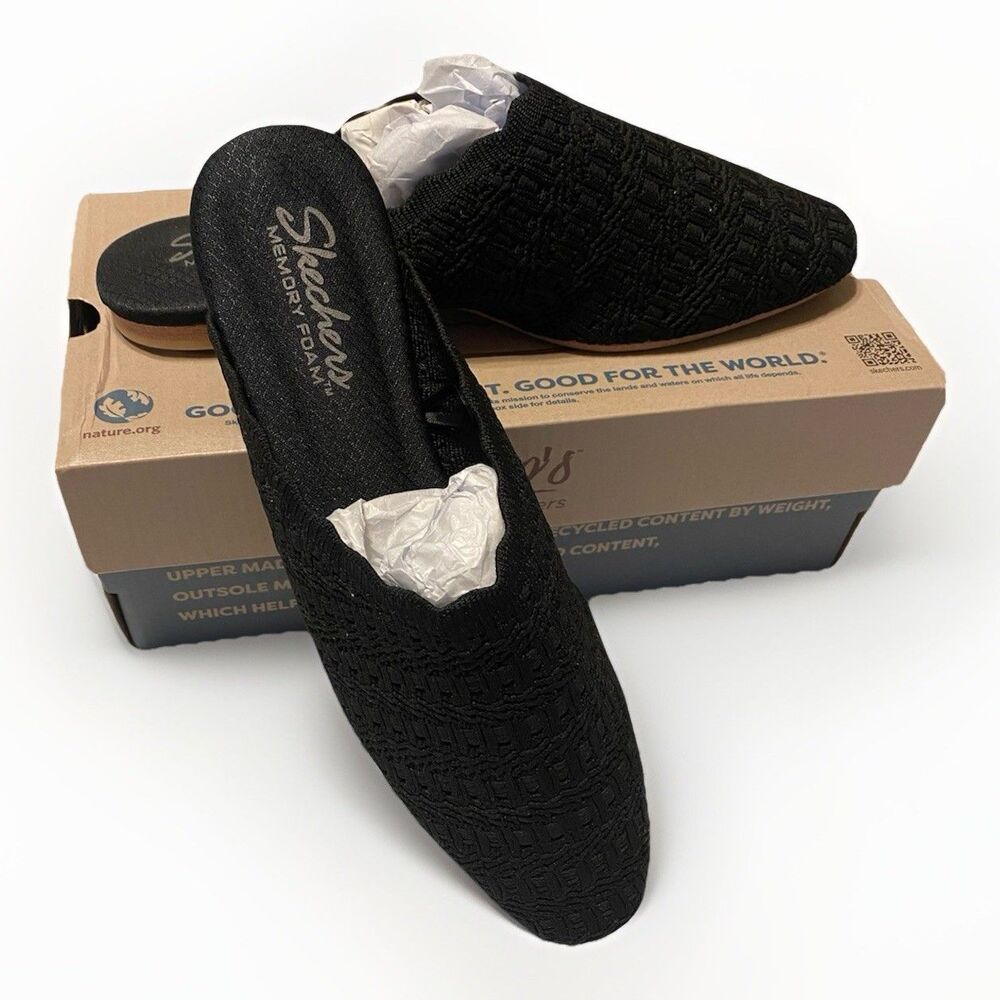 Skechers CLEO Snip Toe Washable Vegan Crochet Mules Sweet Daffodil Black Sz 9